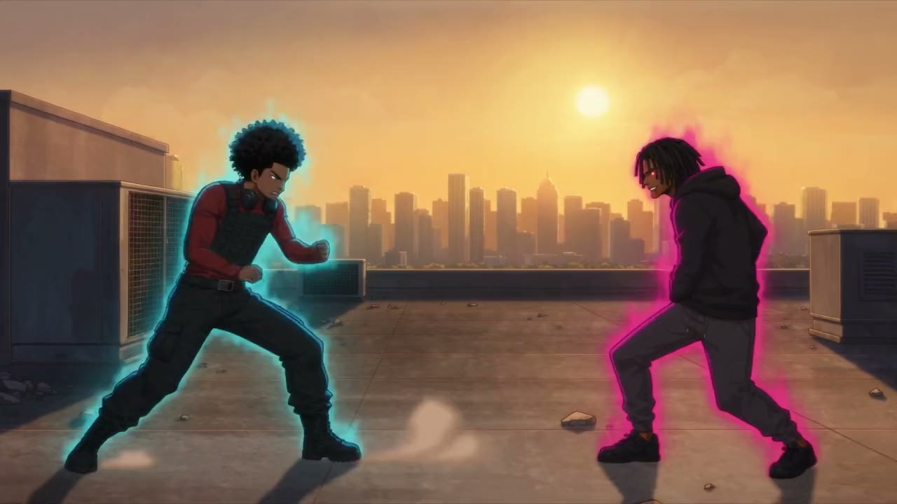 Malik and Zaire face each other on a rooftop over Miami, surrounded by their opposing powers