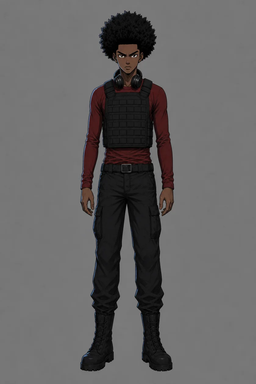 Malik with an afro, headphones, red shirt, black utility vest and cargo pants